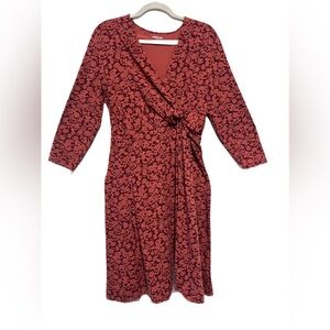 Lands' End Burgundy Red Faux Wrap Floral 3/4 Sleeve Midi Dress